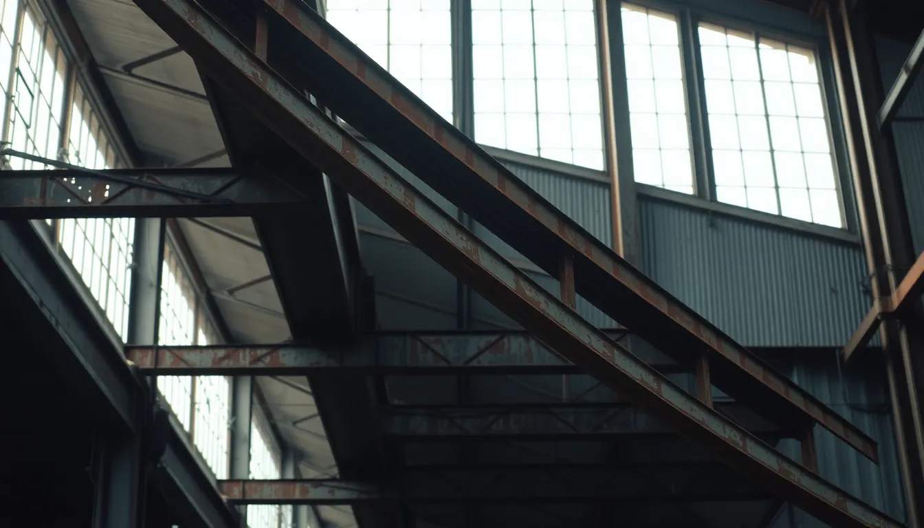 Rusty Metal Beams in Warehouse This industrial scene beautifully captures the essence of rusty metal beams in a warehouse, illuminated by diffused daylight. The juxtaposition of rust and gray tones creates a muted yet rich color palette, conveying a sense of ruggedness. The sharp focus throughout the image allows viewers to appreciate the intricate details in the metal surfaces. It's a nostalgic representation of industrial architecture and textures.
