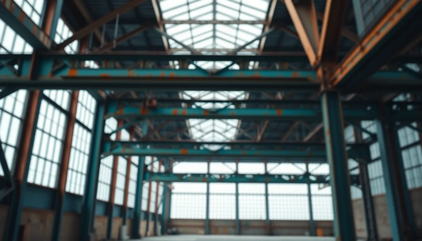 Industrial Metal Beams with Rust Patina An industrial setting is beautifully portrayed with metal beams exhibiting rich rust patina, backlit by diffused daylight. The composition uses leading lines to guide the viewer's eye through the scene, while a cinematic teal and orange color grading enhances the atmospheric feel. The sharp focus reveals the contrasting textures of aged metal against a modern backdrop.