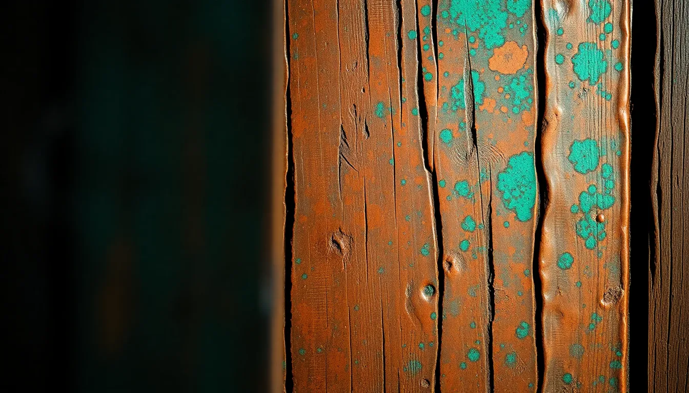 This compelling image features a close-up of aged copper with a vivid green patina, illuminated by dramatic lighting that creates striking shadows. The selective focus highlights the intricate textures and depth of the copper, while the muted tones enhance the overall richness of the subject. Framed through an old wooden door, the composition invites viewers to explore the craftsmanship behind this fascinating metalwork.
