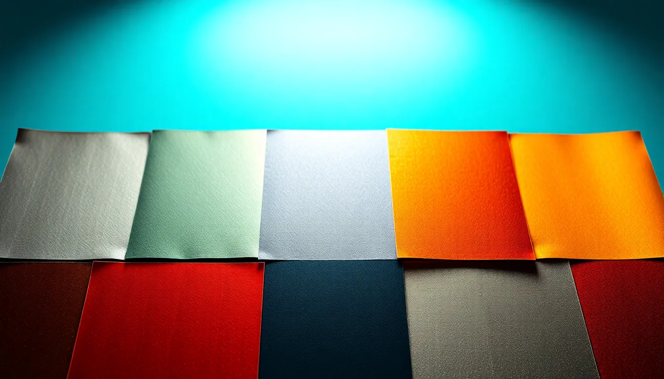 This vivid photographic display features an array of multicolored metallic paint swatches illuminated under controlled studio lighting. The glossy surfaces reflect a cinematic teal and orange color palette, accentuating the vibrant hues of copper, bronze, and silver. Each swatch’s texture is highlighted in sharp focus, providing a clear view of the unique qualities of the paint. The symmetrical composition creates a striking visual appeal.