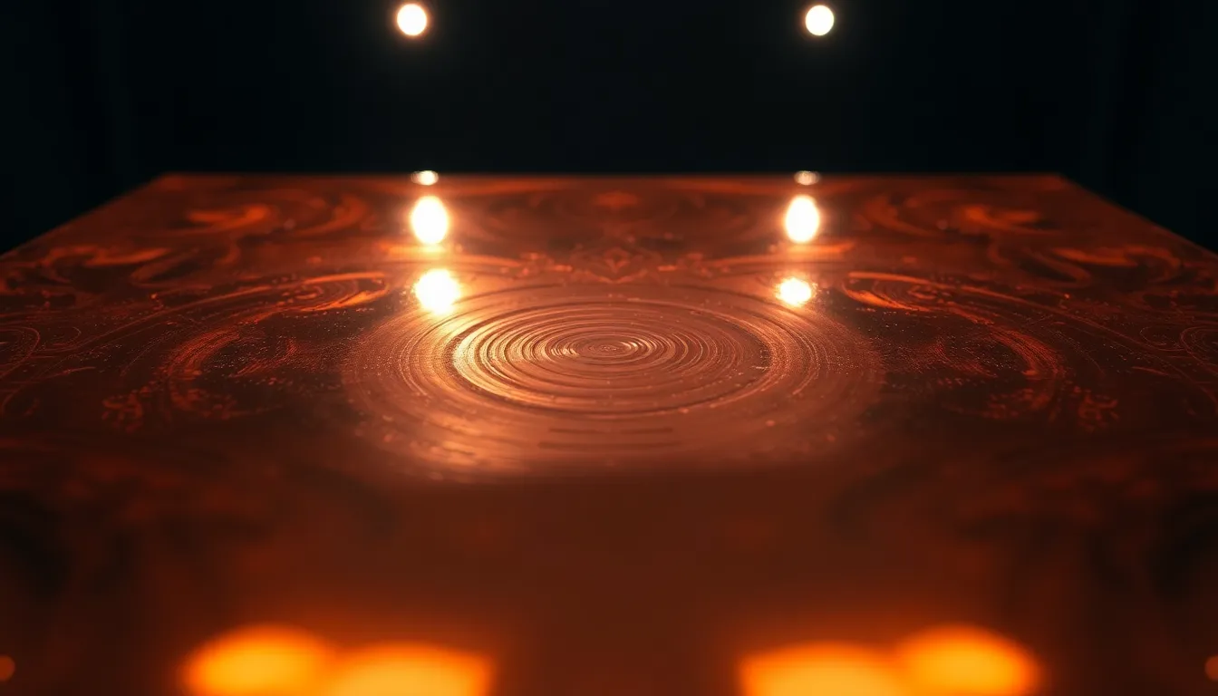 Polished Copper Sheets in Studio Lighting This captivating image presents polished copper sheets under dramatic studio lighting, revealing their smooth, reflective surface. The warm copper tones are accentuated by highlights and shadows, creating an intriguing interplay of light. The symmetrical composition draws the viewer's attention to the intricate patterns on the metal, inviting admiration for its craftsmanship and beauty.