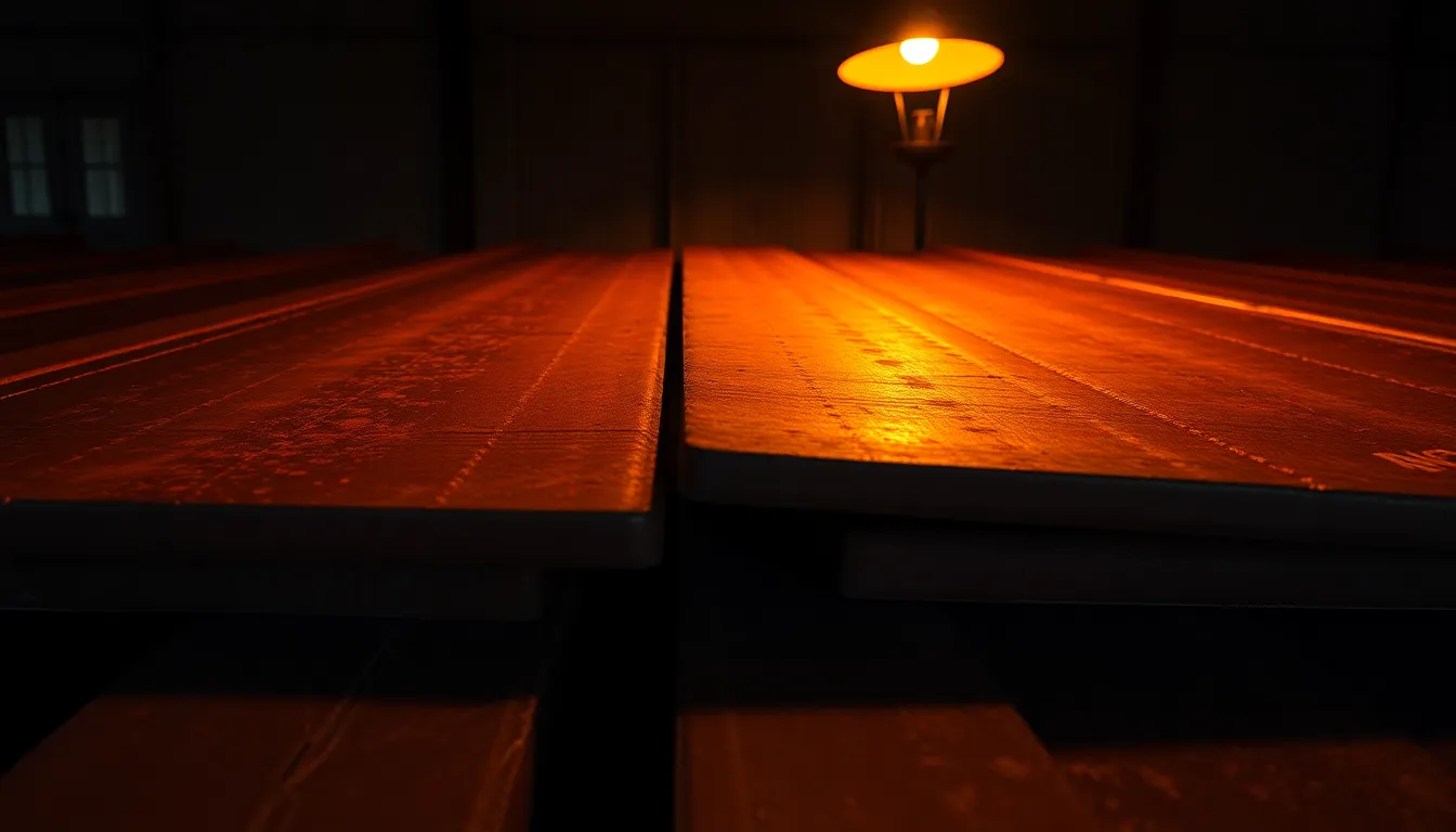 Rusty Steel Plates Under Warm Lighting This image depicts rusted steel plates arranged as a textured backdrop, illuminated by warm tungsten light that casts engaging shadows. The hyperfocal sharpness allows the intricate details of rust and metal to stand out against the warm color palette of oranges and browns. The leading lines of the plates guide the viewer’s eye, enhancing the industrial aesthetic. The atmosphere feels raw and authentic, perfect for conveying a rustic charm.