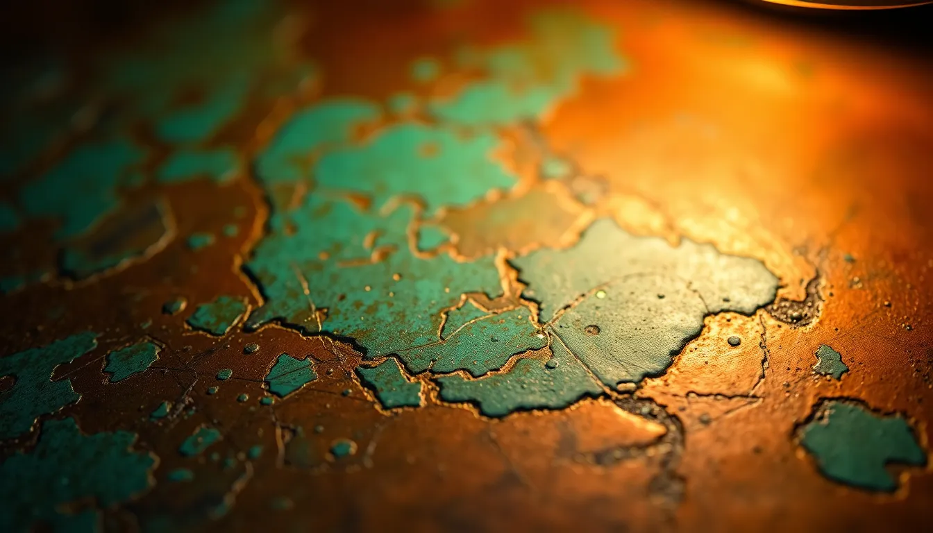 Weathered Copper with Verdigris Patina This striking macro image captures the beauty of weathered copper adorned with verdigris patina. Illuminated by a warm tungsten lamp, the texture of the copper comes alive, revealing its intricate details and layers of history. The rich color palette of greens and warm metallics creates a captivating visual narrative, ideal for art and design projects.