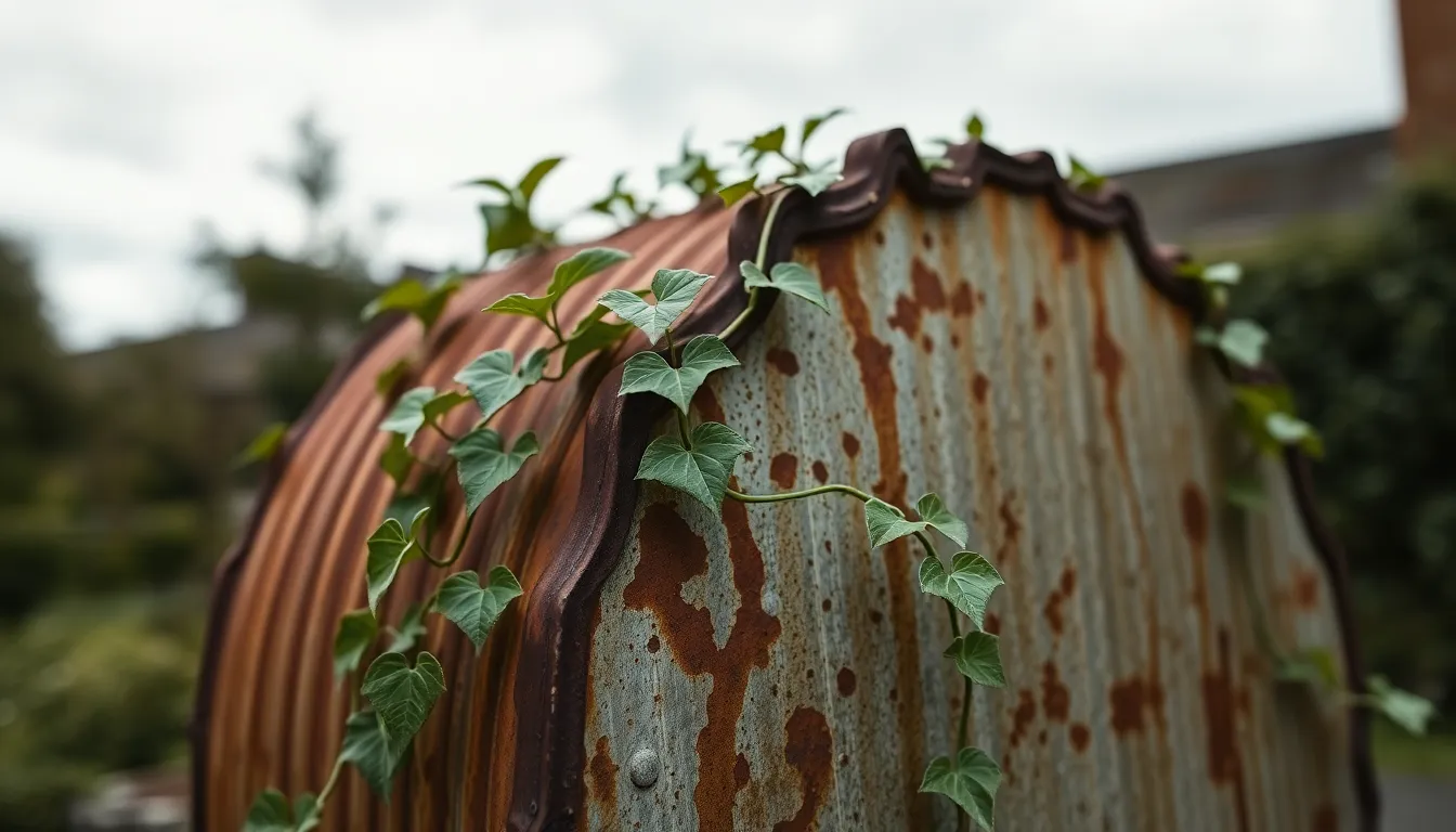 Corroded Aluminum Surrounded By Ivy A macro shot of corroded aluminum contrasting against lush ivy. The soft diffused light under overcast skies enhances the texture and color of the metal, while nature encroaches upon it. This harmonious blend of organic and industrial highlights the beauty of decay. A perfect visual for eco-friendly or sustainability themes.