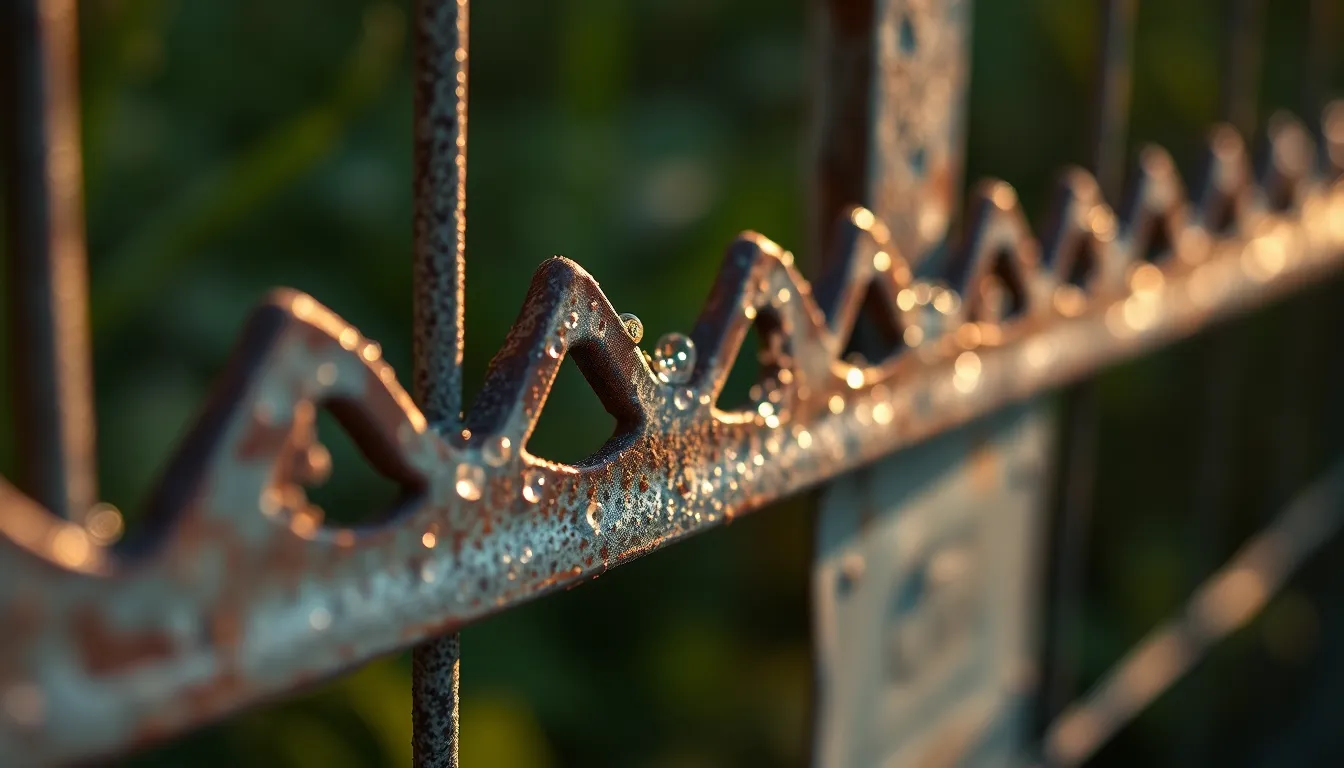 Weathered Metal Fence with Dew This image features a weathered metal fence adorned with morning dew, creating a captivating contrast between the rugged surface and delicate droplets. Captured in warm natural light, the scene exudes a tranquil ambiance as the dew illuminates the jagged edges. The shallow depth of field isolates the texture, while the rich greens of the surrounding foliage create a harmonious backdrop. The composition thoughtfully highlights the interplay between metal and nature.