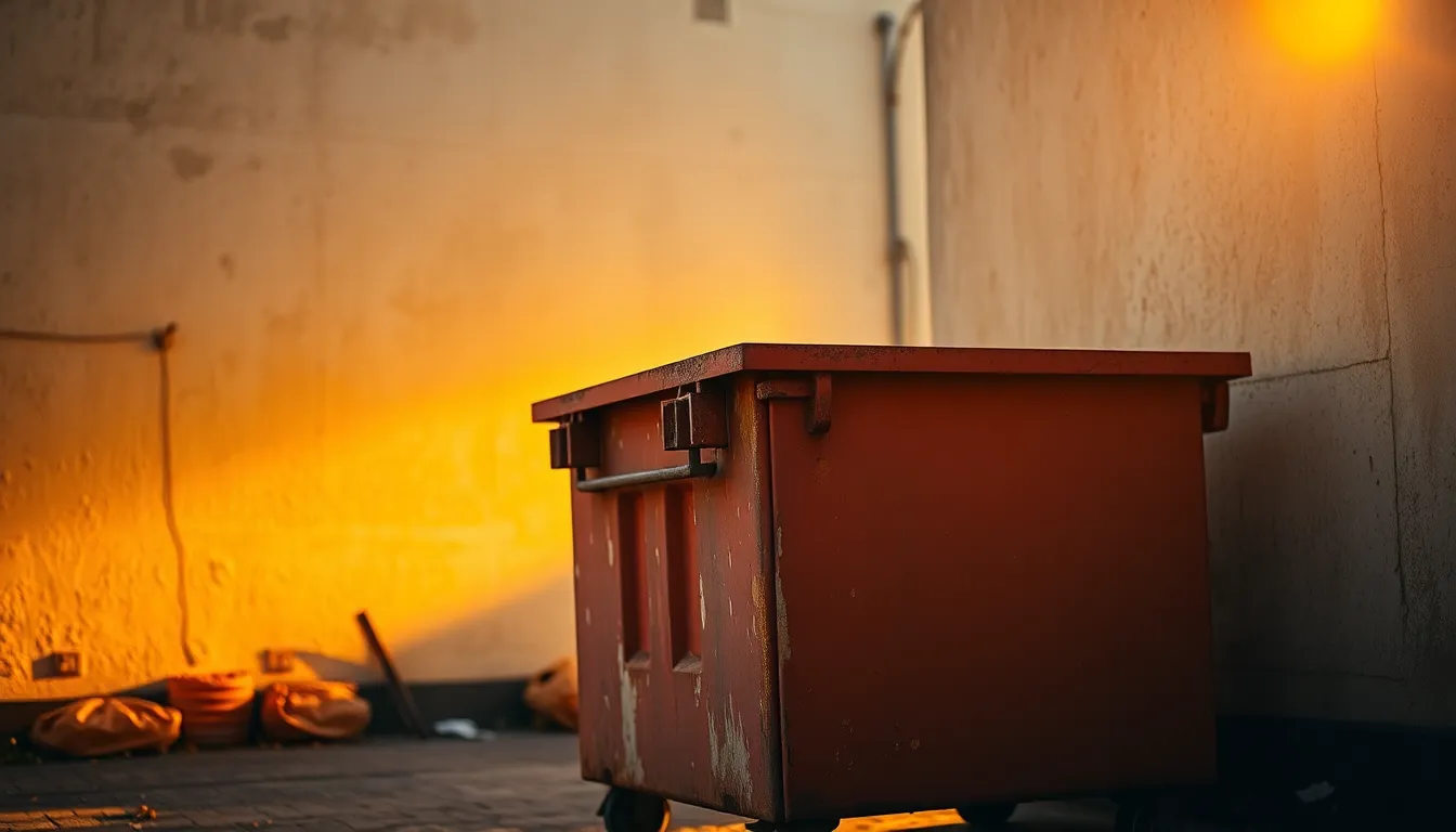 Urban Rusty Dumpster in Evening Light This vibrant image illustrates a rusty metal dumpster against a textured urban wall, embraced by warm evening light. The dreamy bokeh draws the eye to the vivid colors of rust and peeling paint, evoking an urban atmosphere. The dynamic Dutch angle adds energy to the scene, enhancing the visual tension while showcasing the intricate textures typical of city life.
