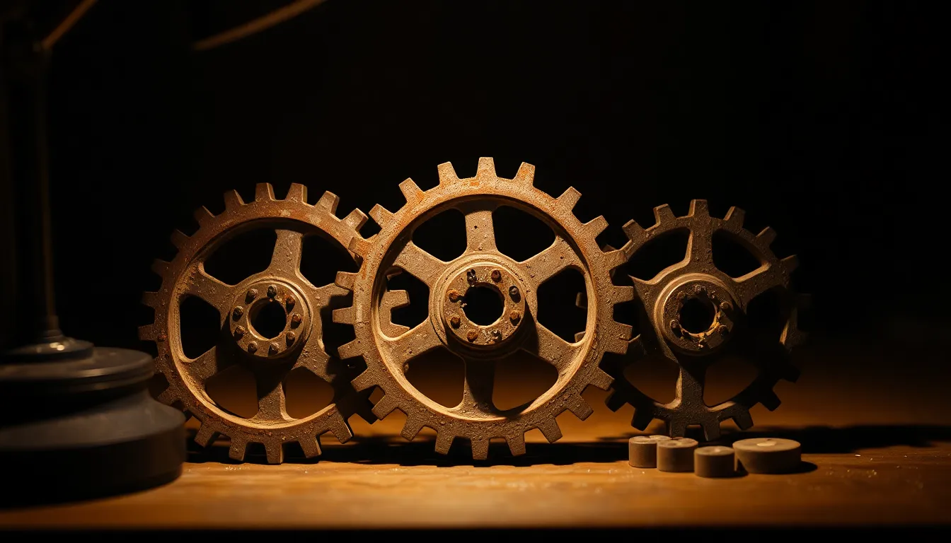 Rusty Gears in Warm Light An intimate close-up of a collection of rusted gears, bathed in the warm glow of tungsten light. The gentle bokeh enhances the focus on the intricate details and warm color tones of the rusty surfaces. This image captures a sense of nostalgia and craftsmanship, perfect for themes related to industry or vintage machinery.