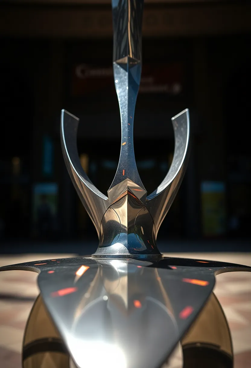 This captivating macro shot features a polished metal sculpture composed of abstract geometric shapes, designed to reflect light and its surroundings. Strong directional lighting creates striking highlights and shadows, accentuating the sculpture’s elegant forms. The shallow depth of field allows for a soft, artistic bokeh background, while a vibrant color palette interplays metallic grays with hints of red. The centered symmetrical composition draws attention to the sculpture's craftsmanship and intricate details.