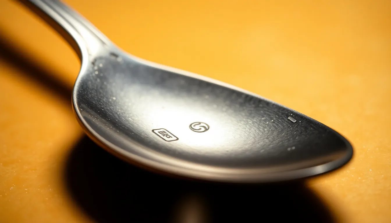 This macro shot of a tarnished silver spoon captures the intricate engravings and textures with exquisite detail. Soft, diffused lighting emphasizes the richness of the silver tones, while a shallow depth of field creates a creamy bokeh background. The image showcases the beauty of age and craftsmanship, enhanced by the vivid colors inspired by Fujifilm Velvia. The centered composition highlights the spoon’s elegant contours and patterns.