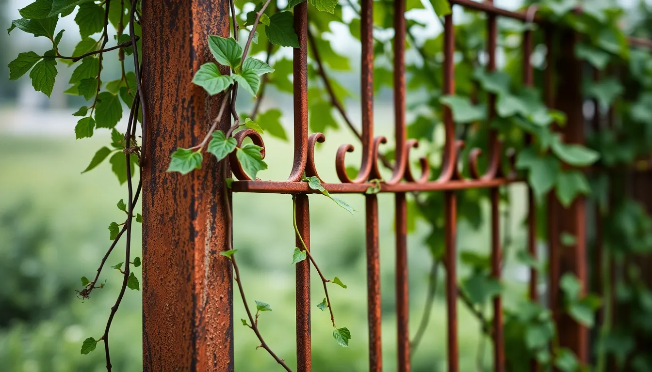 Rusted Wrought Iron Fence with Vines This enchanting image features a rusted wrought iron fence intertwined with vibrant green vines, illustrating the beauty of nature reclaiming metal. Illuminated by soft overcast daylight, the textures of rust and plant life are accentuated, creating a harmonious composition. With a dreamy background achieved through shallow depth of field, the focus remains on the striking contrasts of color and texture. This photograph invites contemplation on the interplay between man-made materials and natural growth.
