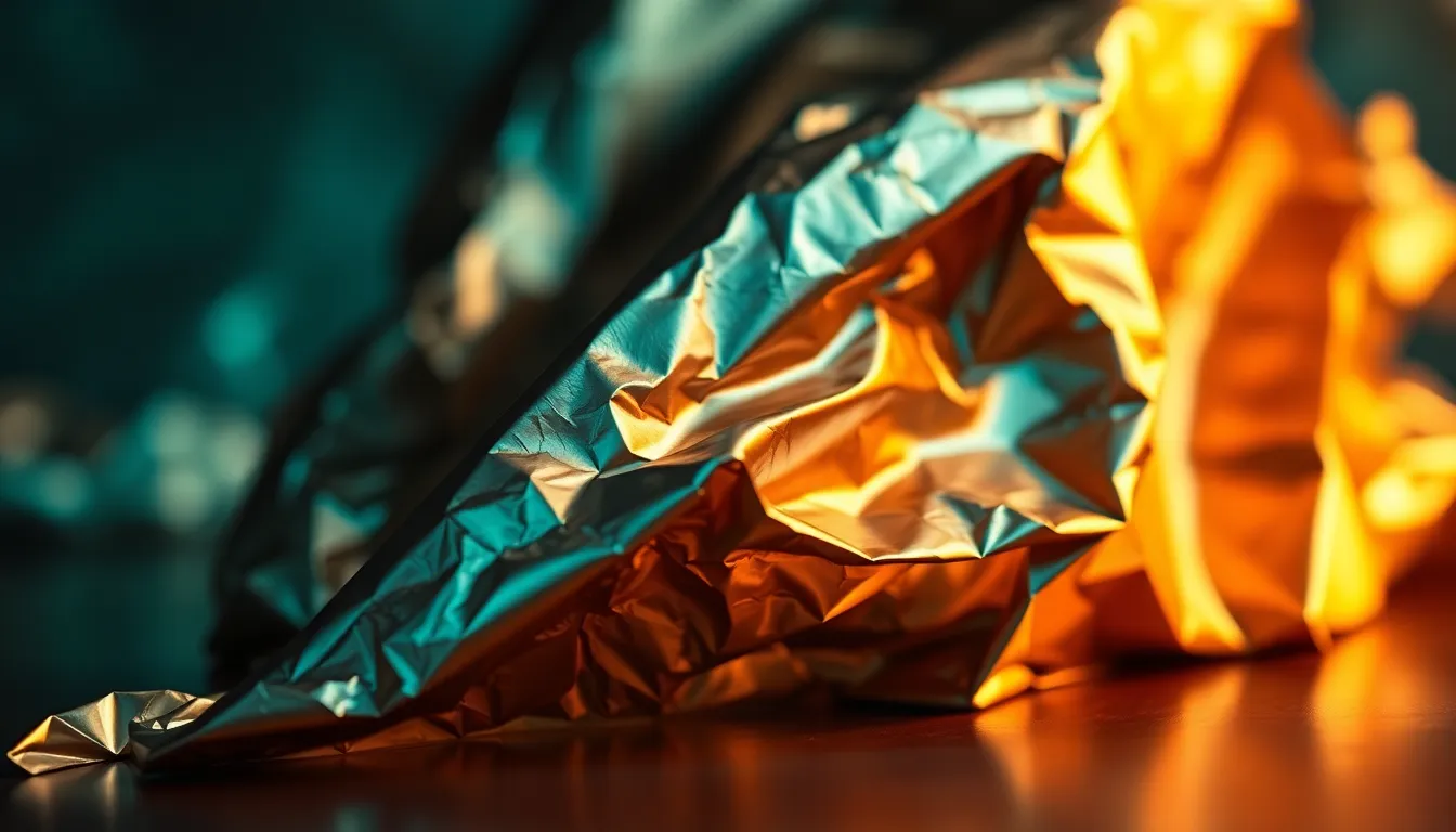 Crumpled Metallic Foil Texture A striking image of crumpled metallic foil reflecting dramatic highlights in a studio setting. The texture of the folds creates visual intrigue, while the selective focus beautifully blurs the background. The cinematic color grading enhances the metallic sheen, making it a compelling choice for designers or artists seeking striking textures.
