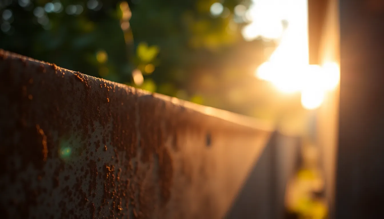 Rusty Metal Surface at Golden Hour This image captures the intricate details of a rusty metal surface illuminated by golden hour light, creating a warm, inviting mood. The natural muted color palette highlights earthy tones of rust and brown, while a creamy bokeh background softens the visual impact. The composition adheres to the rule of thirds, emphasizing the striking texture of the metal against a blurred green backdrop. Ideal for showcasing natural metal textures or rustic design themes.