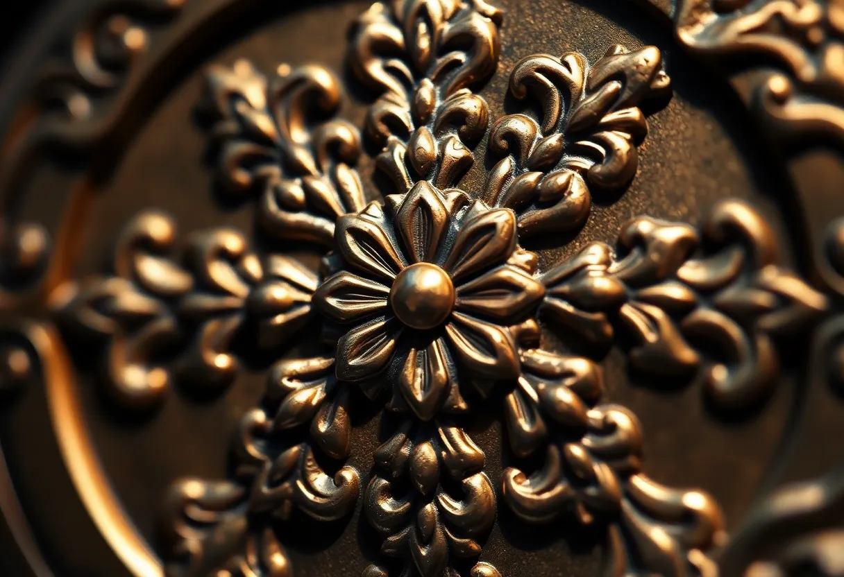 Ornate Metal Floral Design This macro shot captures the exquisite details of an ornate metal floral pattern crafted in gold and silver hues. Dramatic studio lighting enhances the textures and depth, while a shallow depth of field isolates the design beautifully from the background. The rich colors and sharp composition make this image perfect for decor or design inspirations.