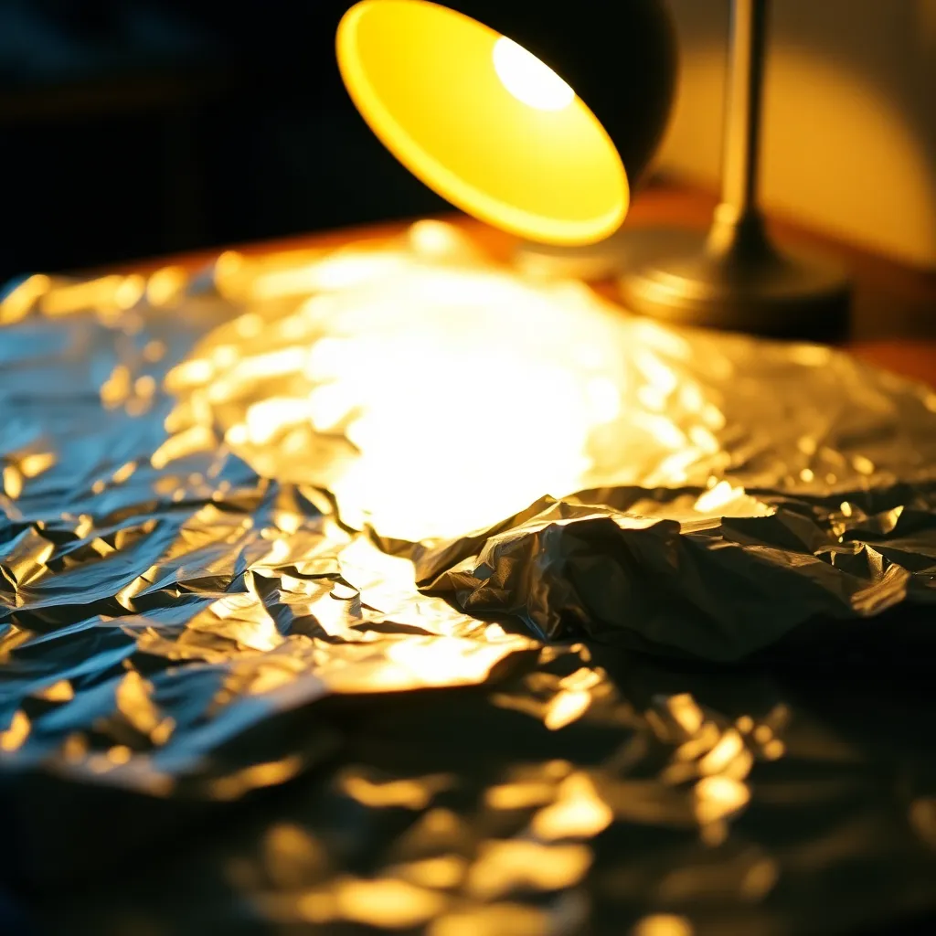 Crumpled Tin Foil Textures This dynamic image showcases a textured sheet of crumpled tin foil, illuminated by the warm light of a tungsten lamp. The shallow depth of field draws focus to the intricate patterns and reflections on the foil's surface. The Dutch angle composition adds an energetic feel, while the Kodak Portra-inspired color palette provides warmth and richness, making it ideal for texture variety applications.