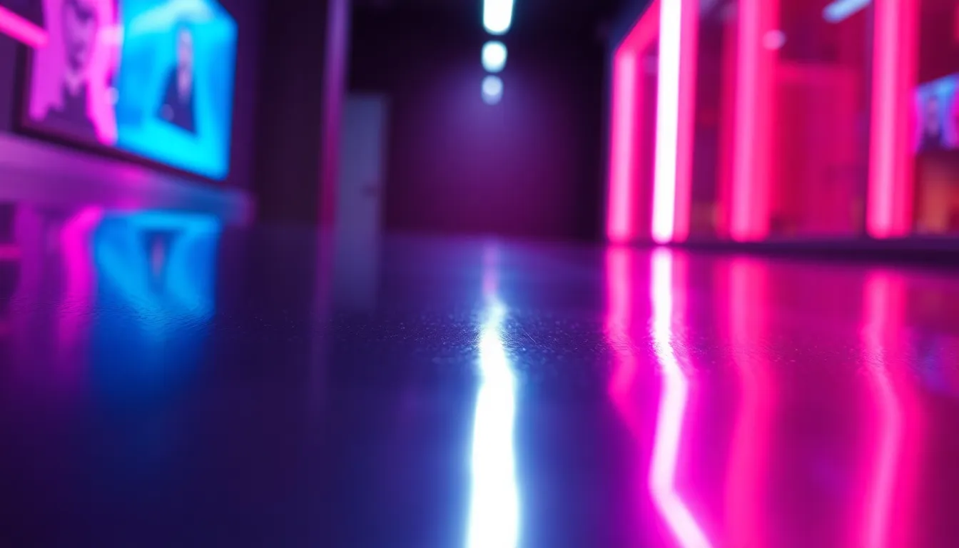 Vibrant Reflections on Polished Aluminum This image showcases a polished aluminum surface reflecting vibrant neon lights in shades of pink, blue, and violet. Captured with butterfly lighting, the smooth texture glistens, captivating the observer. The shallow depth of field creates an immersive experience, focusing on the intricate reflections in the foreground, while the dynamic diagonal composition guides the eye through the colorful scene. The atmosphere is lively and energetic, perfect for modern aesthetics.