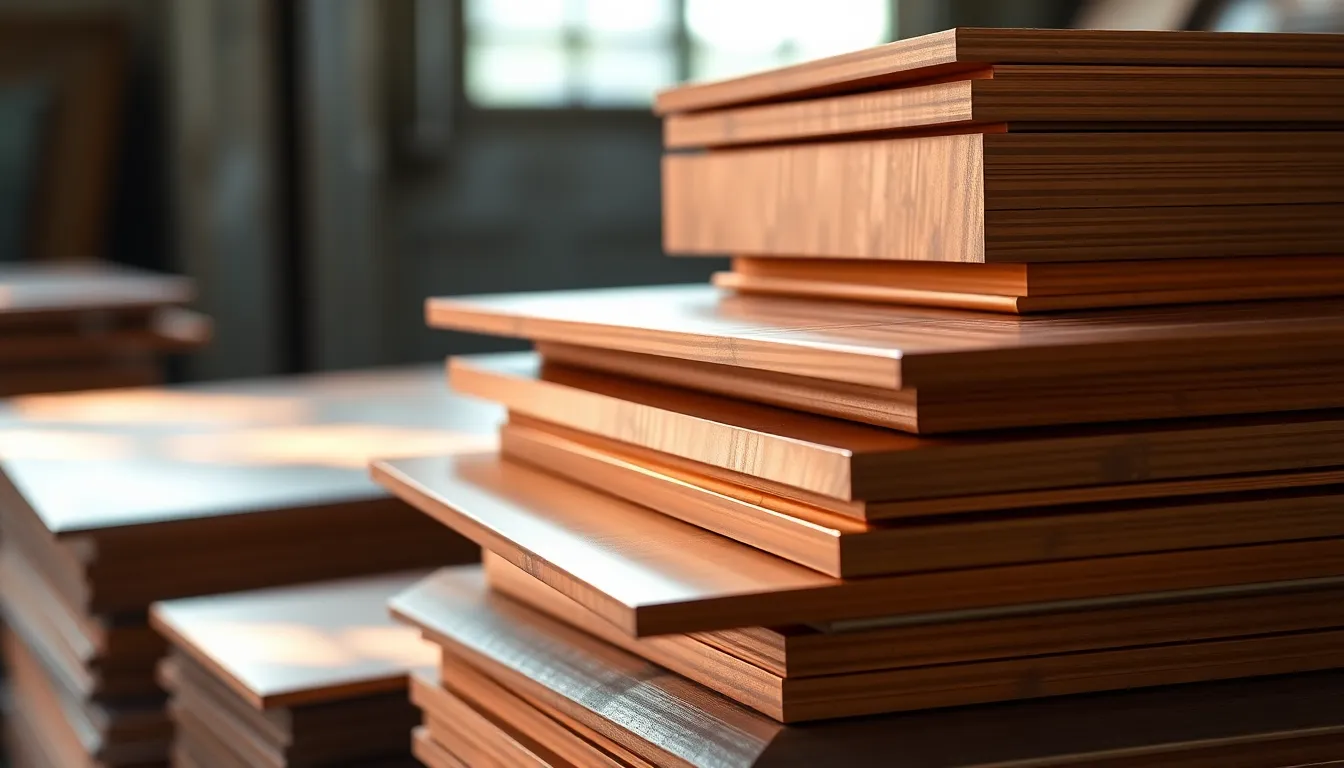 Brushed Copper Textures in Natural Light This image features a stack of brushed copper sheets, captured in soft natural light that emphasizes their intricate textures and varying angles. The shallow depth of field isolates the copper, allowing the smooth and polished surfaces to shine with muted earth tones. The photo portrays a serene mood, showcasing the beauty of metal and craftsmanship. The composition is centered, drawing the viewer’s attention directly to the captivating details.