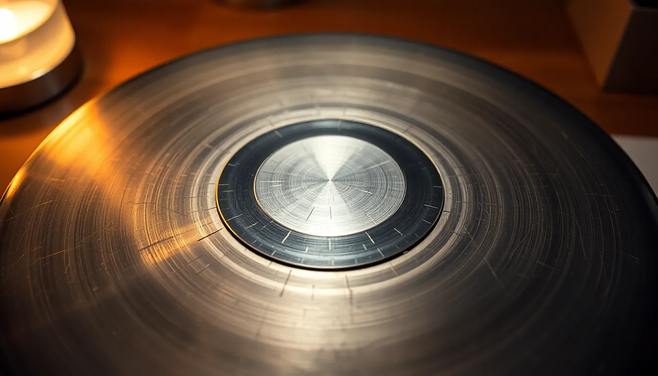 Polished Metal Surface with Intricate Scratches This image captures a close-up view of a polished metal surface, showcasing intricate scratch patterns that add depth and character. Warm tungsten lighting enhances the texture, revealing subtle imperfections and reflections. The composition is centered to draw attention to the metal's sheen and detail, making it ideal for texture applications.