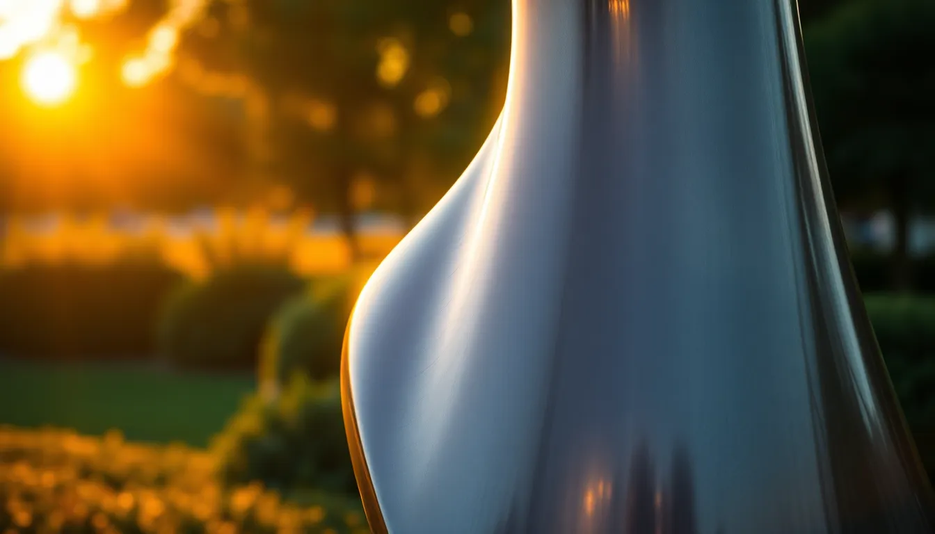Polished Metal Sculpture at Golden Hour The image showcases a polished metal sculpture during the golden hour, with warm backlighting enhancing its reflective qualities. The striking teal and orange color grading adds a cinematic flair, while the sculpture is beautifully composed off-center. The hyperfocal depth of field ensures that both the sculpture and surrounding greenery are sharp, creating a harmonious balance. This scene captures the interplay of light and form in an artistic manner.