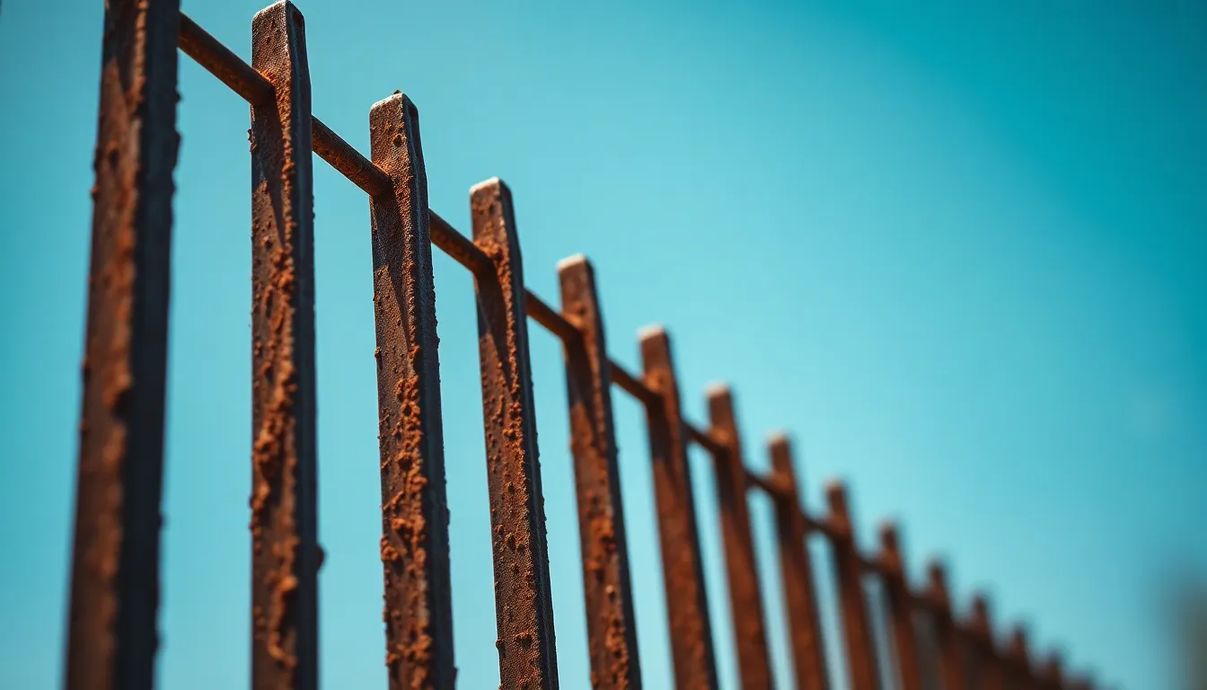 This picturesque photograph captures a weathered metal fence stretching horizontally against a vivid blue sky. Natural sunlight highlights the rust's texture, creating a warm contrast with the cool background. The use of shallow depth of field enhances the dream-like quality of the image, making the fence appear both prominent and distant. The composition effectively leads the viewer's gaze along the graceful lines of the fence.