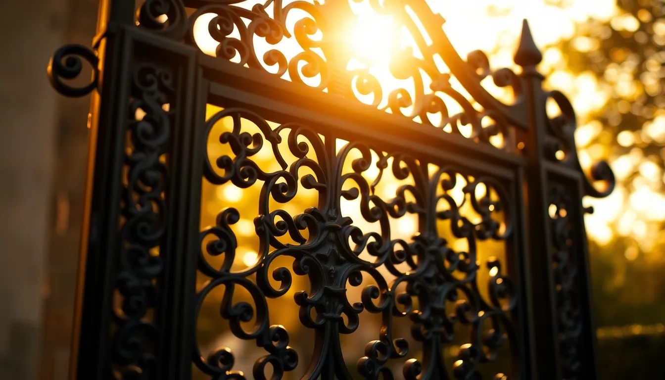 Intricate Wrought Iron Gate at Golden Hour This stunning photograph captures an ornate wrought iron gate draped in intricate patterns, beautifully illuminated by the warm backlighting of the golden hour. The deep black metal contrasts dramatically with the warm golden hues, creating a visually striking image. A shallow depth of field softens the background, drawing attention to the gate's details and craftsmanship. This composition elegantly showcases the artistry of metalwork against a backdrop of soft bokeh.