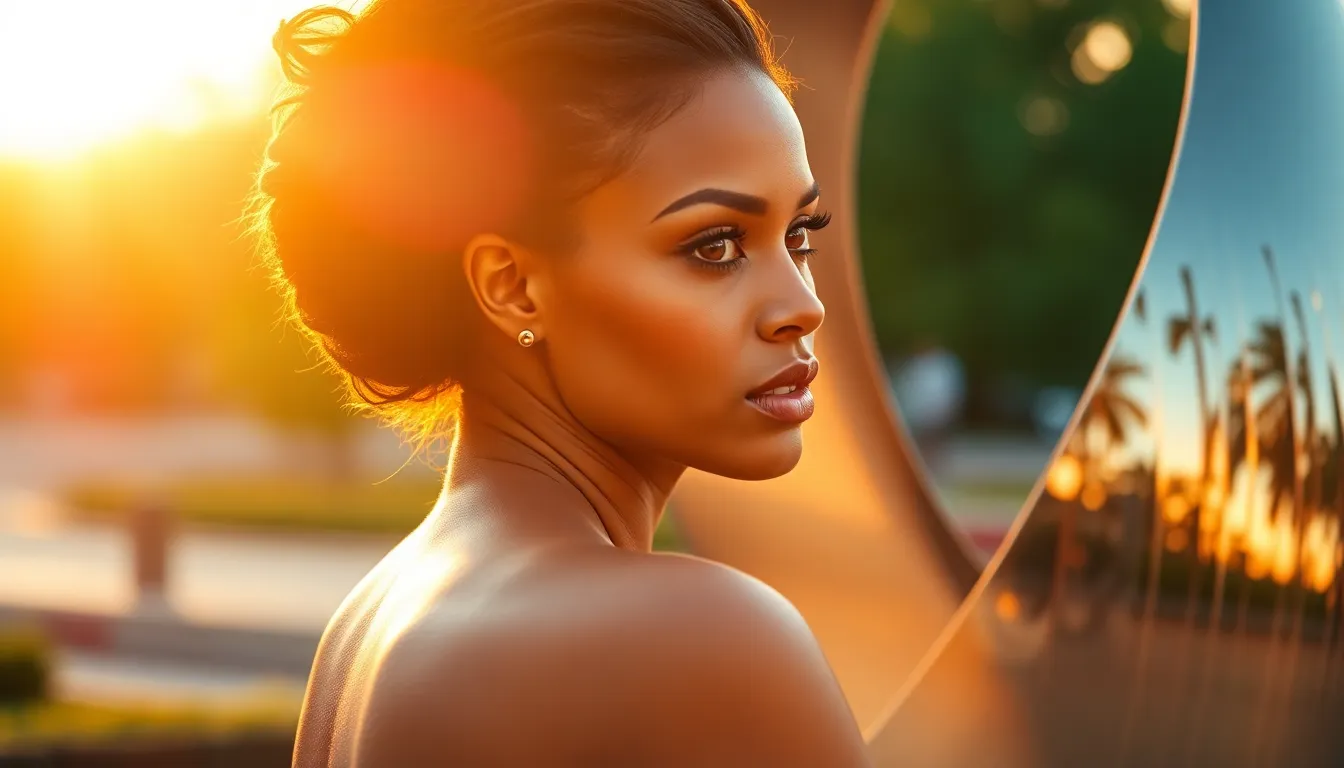 This stunning image captures a metallic sculpture illuminated by golden hour backlighting, creating a warm and inviting atmosphere. The shallow depth of field enhances the reflective qualities of the metal, with soft bokeh in the background revealing hints of lush greenery. The warm color palette softens the overall mood, while the rule of thirds composition draws the eye toward the sculpture's intricate design and reflective surface.