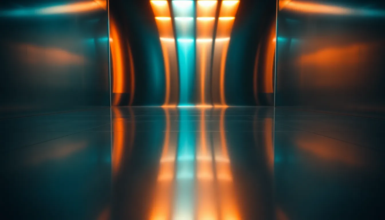 This striking image presents a polished steel sheet captured from above, showcasing its high reflectivity and smooth texture. Soft diffused lighting adds an ethereal quality, enhancing the cinematic teal and orange color grading. The centered symmetrical composition highlights the perfect mirror-like surface, reflecting subtle details of the surrounding environment. This image embodies a modern aesthetic with a touch of elegance.