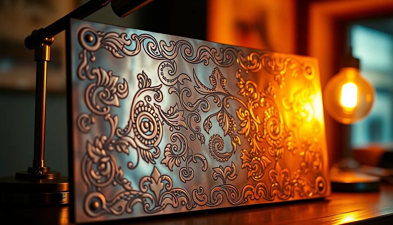 Intricately Engraved Copper Panel This mesmerizing image features a finely crafted copper panel adorned with intricate engravings that bring art to life. Bathed in warm tungsten light, the rich hues and polished textures create a dramatic effect that draws in the viewer. The focus on the engravings with a creamy background bokeh emphasizes the skill involved in its creation. This artwork captures the beauty of metal textures, making it a stunning reference for those appreciating craftsmanship.