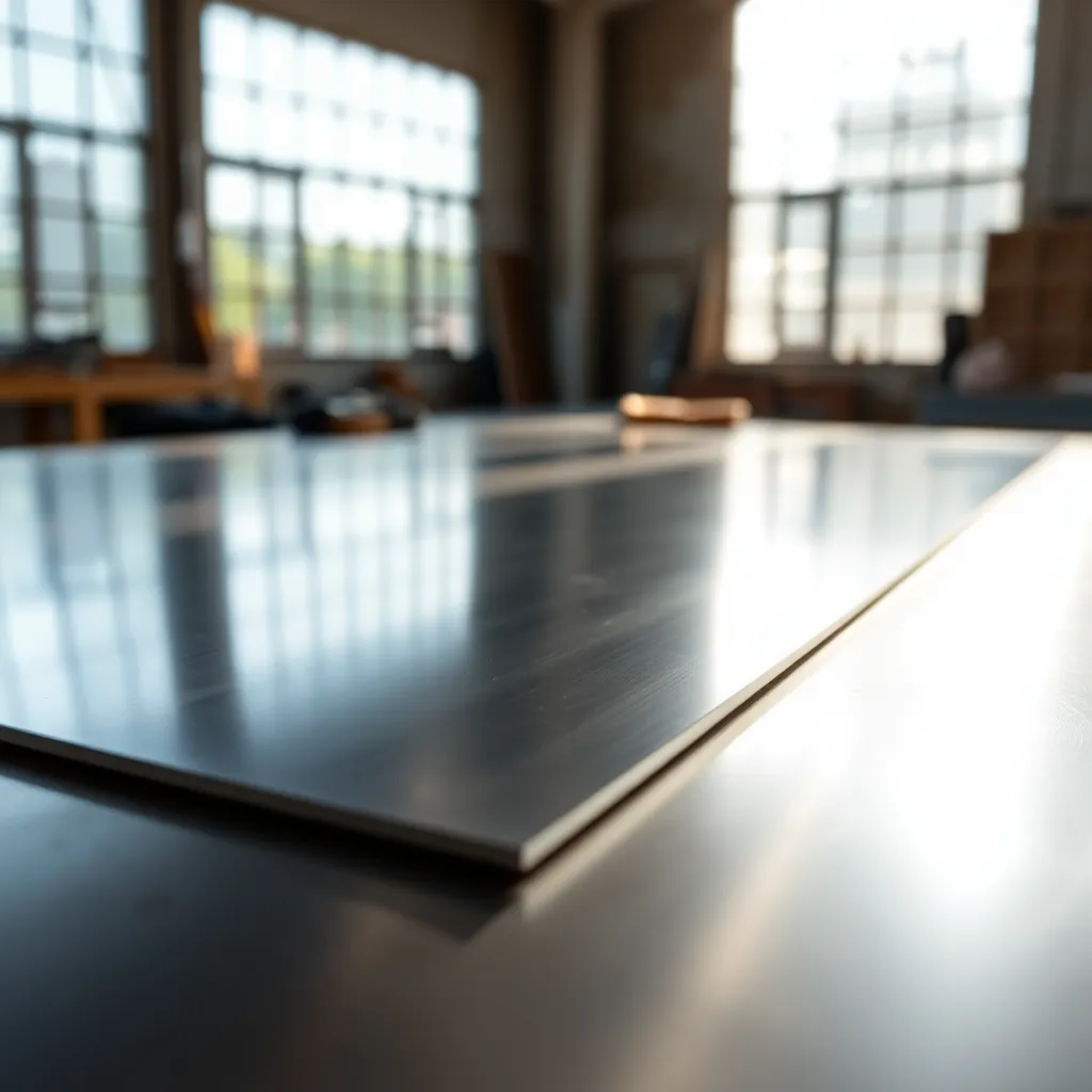 This close-up image captures a polished aluminum sheet resting on a workbench, illuminated by soft natural daylight. The smooth surface reflects light beautifully, creating intricate patterns and highlights. With a shallow depth of field, the background melts away into a creamy bokeh, drawing the viewer's attention to the detailed texture of the metal. The warm tones provide a rich visual experience, perfect for showcasing industrial craftsmanship.