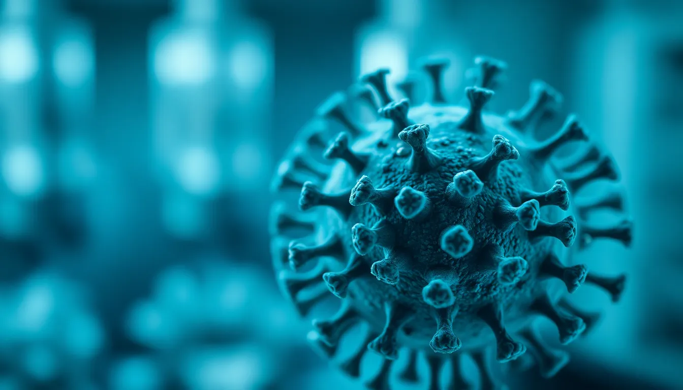 High Magnification View of Virus Particle This intense image presents a high-magnification view of a virus particle, captured with precise detail using a high-quality lens. The harsh laboratory lighting creates striking contrasts that highlight the virus's surface textures in muted tones of blues and greens. With the virus prominently positioned in the foreground, the blurred background enhances the focus on the subject. The overall composition conveys a sense of urgency and scientific exploration, immersing the viewer in a world unseen.