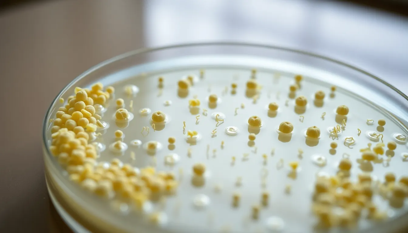 Colony Growth on Agar Plate Under Microscope In this image, a vibrant collection of bacteria colonies is showcased on an agar plate, captured under natural daylight for soft illumination. The sharp focus reveals the subtle textures and colors of the colonies, emphasizing the scientific beauty of microbial life. Leading lines from the edges of the agar guide the viewer’s gaze toward the intricate growth patterns at the center. The overall muted palette complements the organic layout of the scene, evoking a sense of discovery.