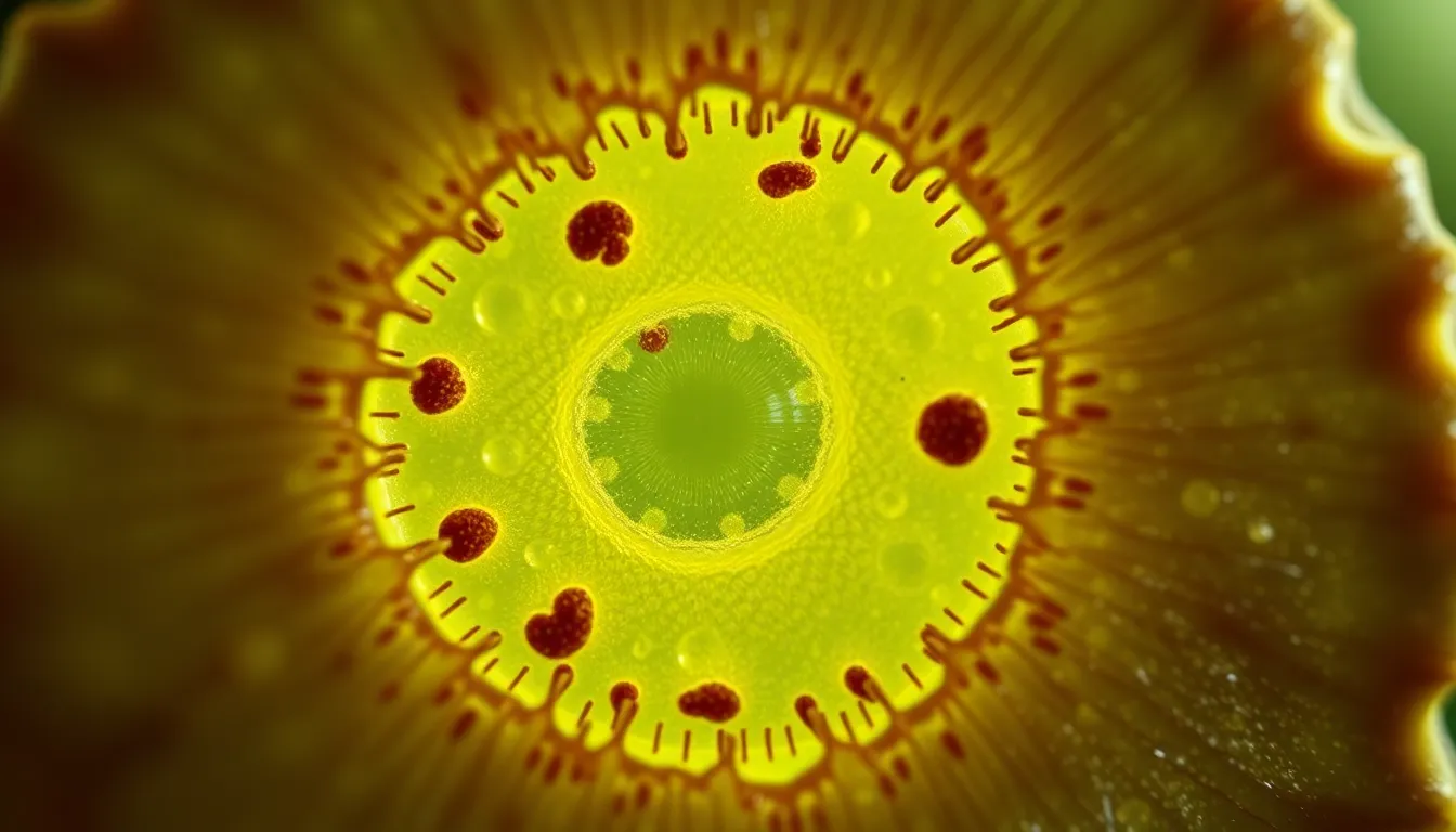This striking image captures the delicate structure of a plant cell in stunning detail. The lighting reveals the intricate features, including the nucleus and chloroplasts, while the smooth bokeh background emphasizes the cell's beauty. The rich greens and browns bring the natural essence of the subject to life, making it an ideal representation of botanical science.