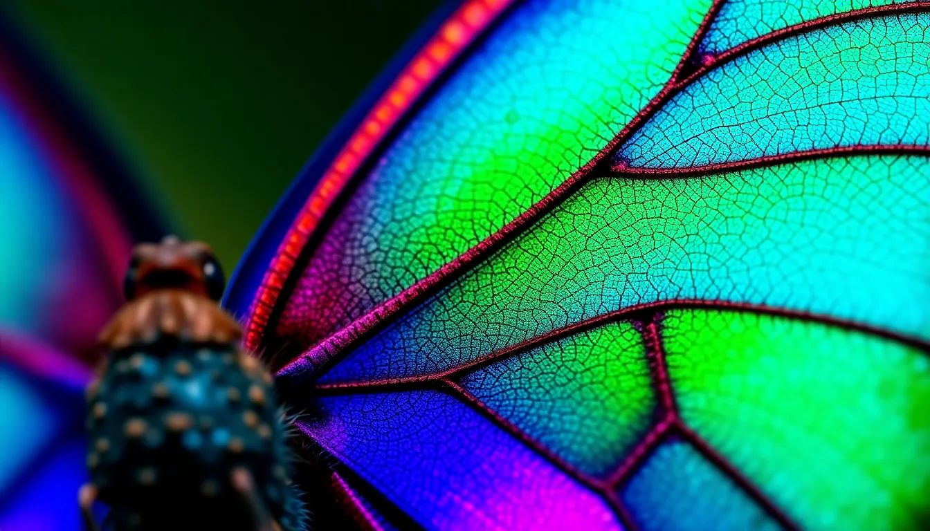 This detailed photomicrograph captures the intricate patterns and vibrant colors of a butterfly wing. The image showcases the scales in stunning detail, highlighting their iridescent blues and purples. The soft bokeh in the background enhances the subject's beauty, while the sharp focus reveals the texture of the scales. This piece perfectly balances artistry and scientific observation, making it ideal for education and nature lovers.