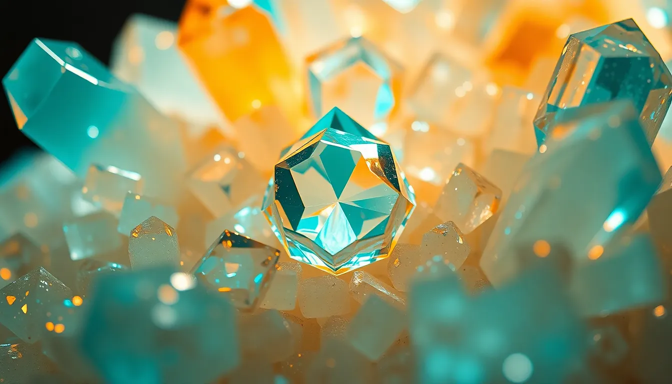 Polarized Light Examination of Crystal Structure This stunning image presents a microscopic view of a crystal structure, capturing the remarkable colors seen under polarized light. The composition utilizes a dynamic angle to highlight the geometric forms and rich textures of the crystal. The vibrant teal and orange tones add an artistic flair while emphasizing the beauty of the scientific subject. The clear focus on the central crystal and the soft blur of the surroundings create a captivating visual experience.