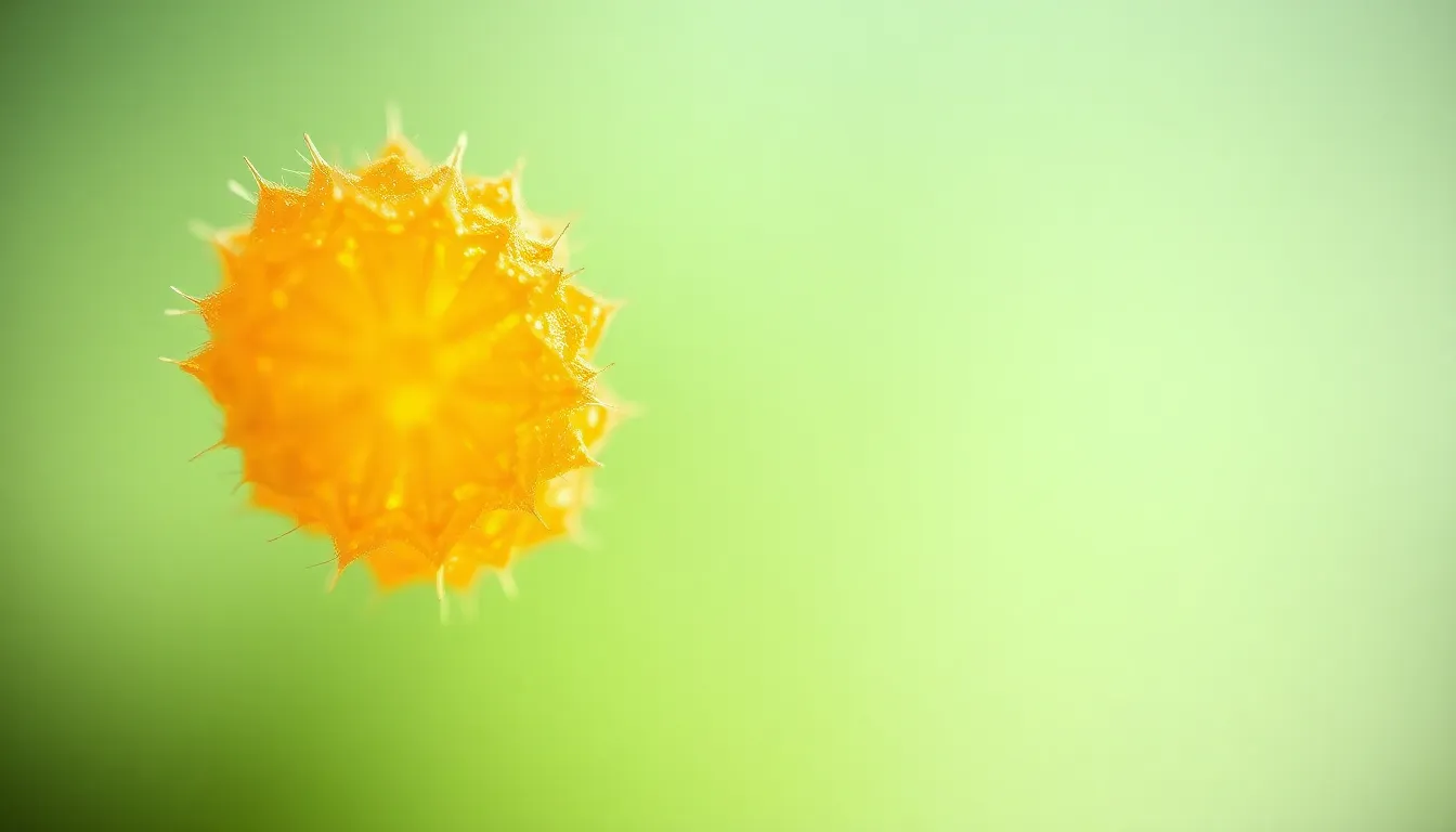 This stunning close-up image captures the delicate features of a pollen grain under a microscope. Illuminated by soft natural daylight, the intricate textures and details of the grain are beautifully highlighted. The warm colors and bokeh background create an inviting, dreamy atmosphere, drawing the viewer's attention to the subject. The composition enhances the visual impact, making this a perfect representation of the beauty found in microscopic details.