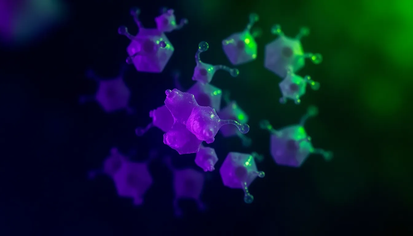 Microscopic Close-Up of Vibrant Cell Structures This captivating image showcases a close-up view of a cellular sample, revealing intricate structures with vivid colors and sharp details. The background is softly blurred, drawing attention to the vibrant purples and greens of the cells. Illuminated by a focused LED ring light, the textures of the cell membranes come to life, creating a stunning visual impact. The composition centers on the cells, enhancing their intricate beauty and complexity.