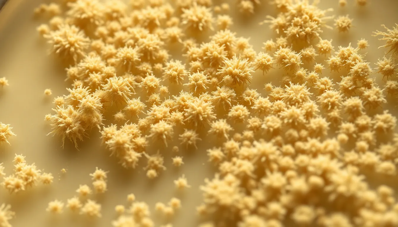 Microscopic View of Mold Spores on Petri Dish Explore the fascinating world of mold with this detailed microscopic image of mold spores on a petri dish. Captured in soft natural light, the earthy tones highlight the unique textures and patterns of the spores. The shallow depth of field draws attention to the intricacies, making it suitable for scientific exploration or educational content.