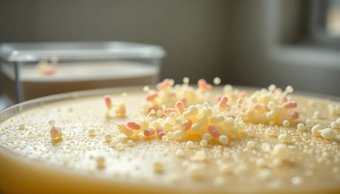 This microscope image presents a close-up view of bacterial colonies thriving on agar media. Natural overcast lighting highlights the unique shapes and pastel colors of the bacteria, creating a visually intriguing scene. The selective focus draws attention to specific areas of growth, revealing the delicate texture of the agar base. It serves as a vivid illustration of microbial life and growth, perfect for educational purposes.
