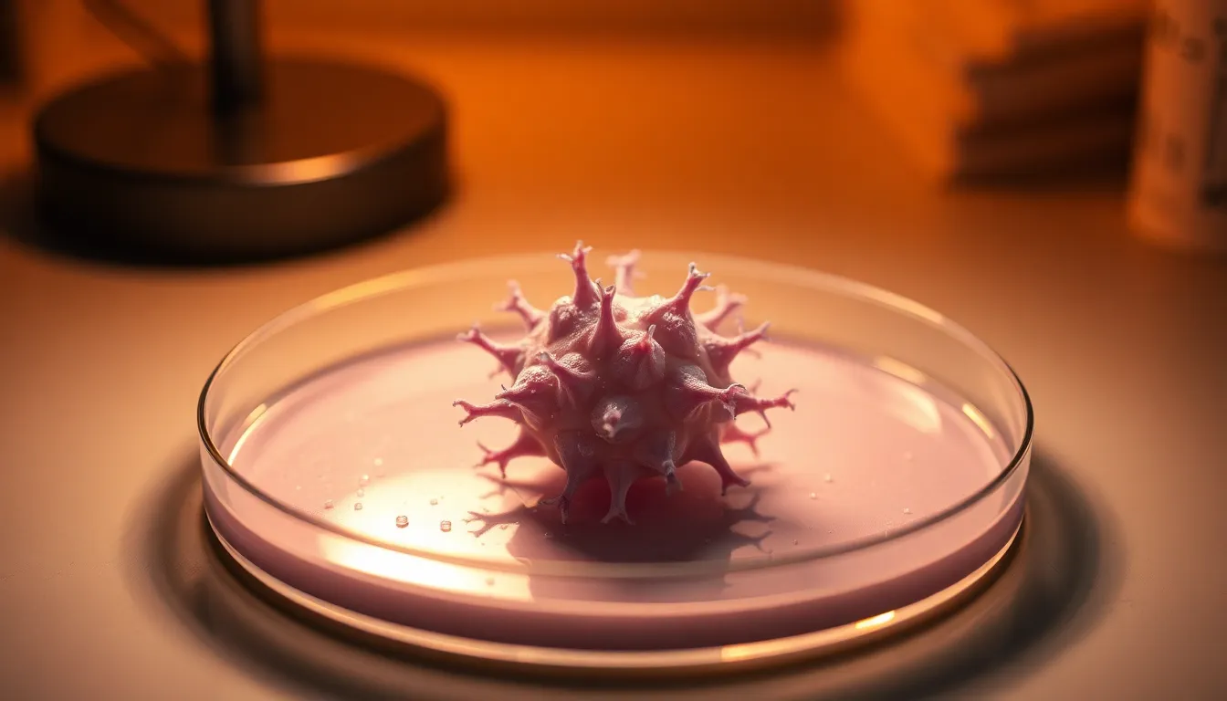 Close-Up of a Microbe on Petri Dish This captivating image features a close-up view of a microbe on a petri dish, illuminated by warm tungsten light. The directional lighting accentuates the intricate shapes and textures of the microbe, creating a dramatic contrast against a softly blurred background. With a shallow depth of field, the focus remains on the microbe, while the natural muted color palette provides an organic feel. The composition highlights the subject through leading lines, immersing the viewer in this microscopic world.