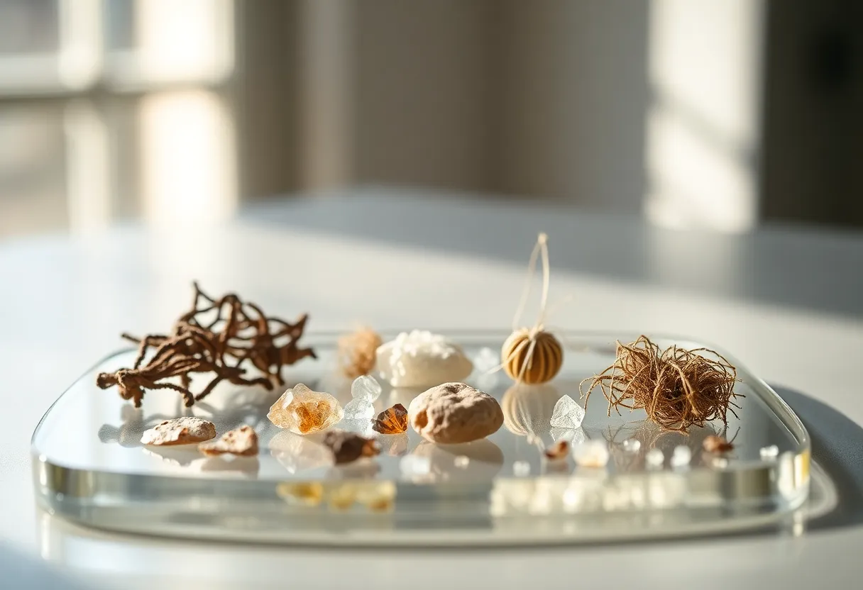 This visually captivating image presents an artistic arrangement of various microscope samples on a glass slide. Captured in soft natural daylight, the muted earth tones enhance the textures of tiny crystals and fibers. The hyperfocal depth of field ensures every detail is in focus, inviting the viewer to explore the microscopic world. The composition draws attention to the intricate details of the samples, showcasing both scientific beauty and artistry.