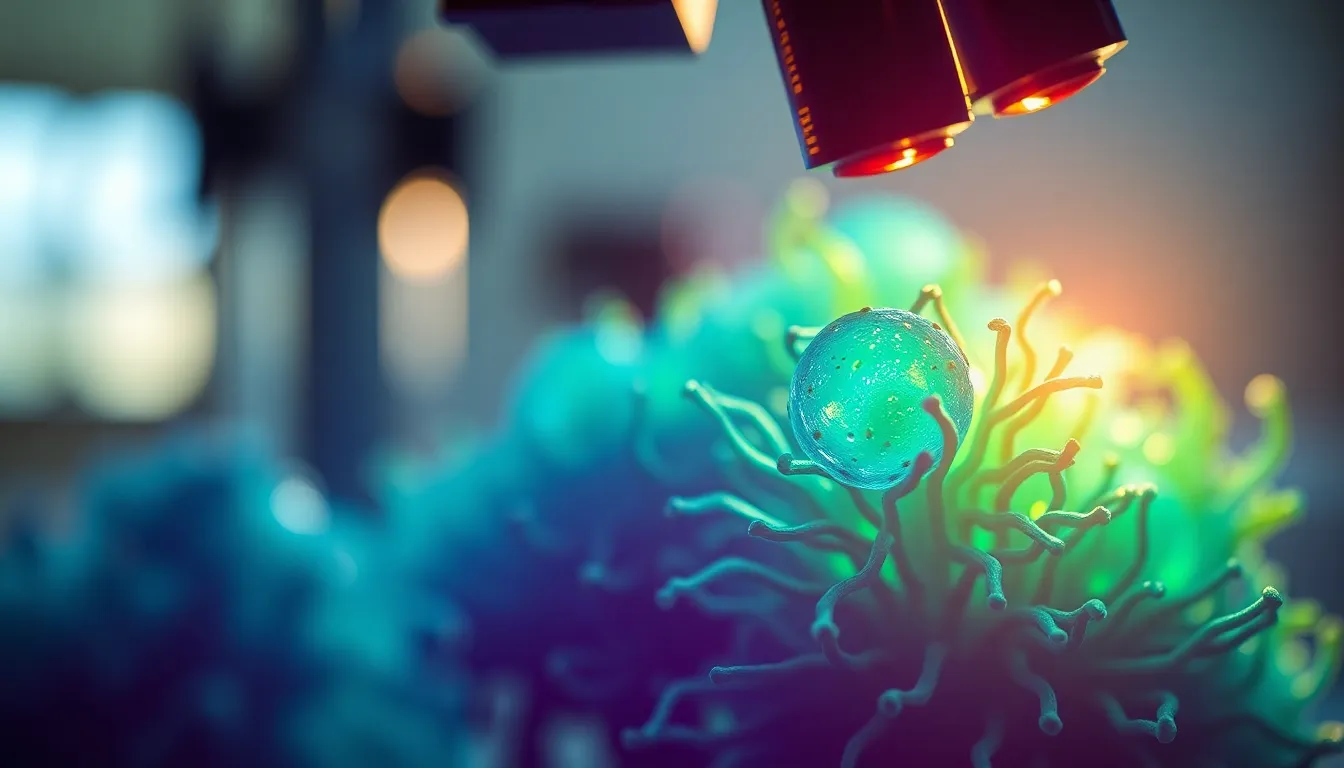 Colorful Microscopic Cell Structure This vivid image captures a microscopic view of vibrant cellular structures, illuminated by soft, diffused daylight. The intricate details of the cells pop against a blurred background, thanks to the shallow depth of field. Deep blues and rich greens create a striking color palette, emphasizing the natural beauty of science. The composition draws the eye to a single cell, showcasing its unique textures and contours in high detail.