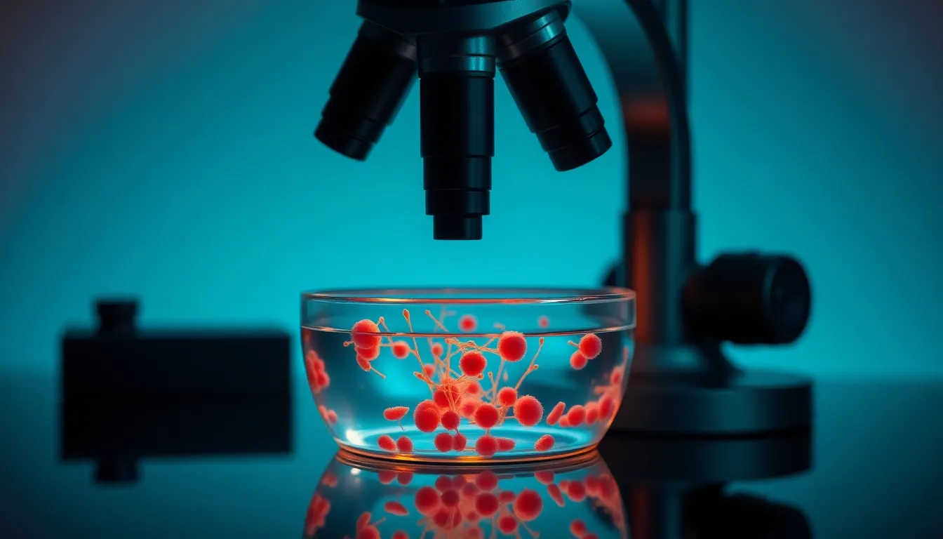 Vibrant Bacterial Cultures Under Microscope This captivating image features vibrant bacterial cultures in a petri dish, expertly illuminated by dramatic studio lighting. The strong leading lines of the microscope draw the viewer's attention, while the cinematic teal and orange color grading adds depth. The macro lens captures intricate details of the cultures, creating a vivid portrayal of the microscopic world. The smooth glass surface creates interesting reflections, enhancing the overall aesthetic.