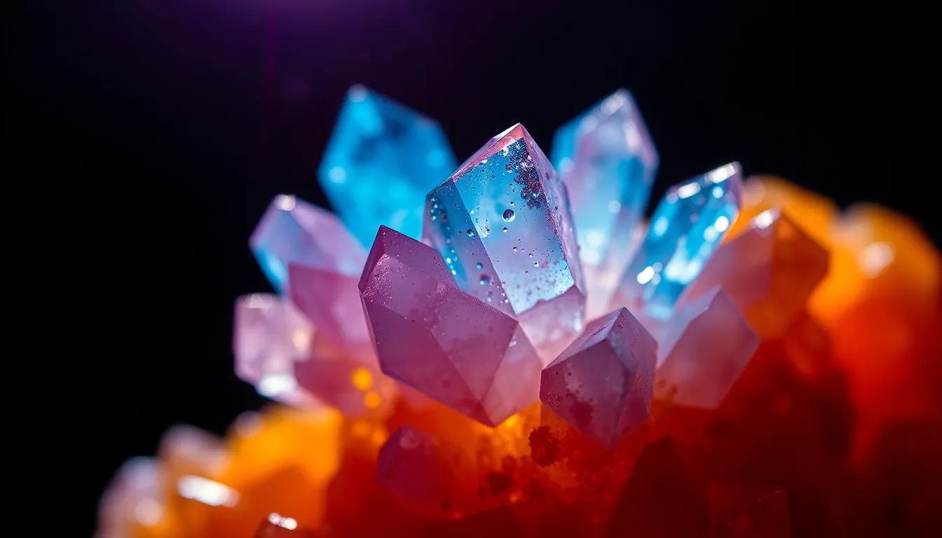 This stunning image showcases a crystalline structure viewed under polarized light using a macro lens. The dramatic lighting reveals intricate details and creates vibrant colors, with blues, purples, and fiery oranges dominating the palette. The shallow depth of field focuses on the crystal's striking facets, while the background blurs into an abstract softness. The centered composition highlights the beauty of the crystal as if it were an art piece.