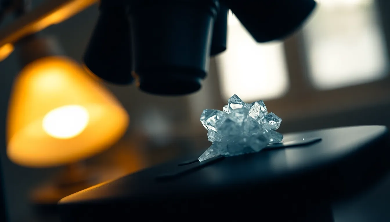 Crystalline Substance on Microscope Slide This striking image portrays a crystalline substance on a microscope slide, dramatically illuminated by warm back-lighting from a desk lamp. The selective focus highlights the sharp details of the crystals, set against a backdrop of deep blues and grays that enhance their clarity. Leading lines created by the microscope guide the viewer's attention, while the intricate surface texture of the crystals adds depth to the composition. This image is perfect for scientific exploration or educational material.