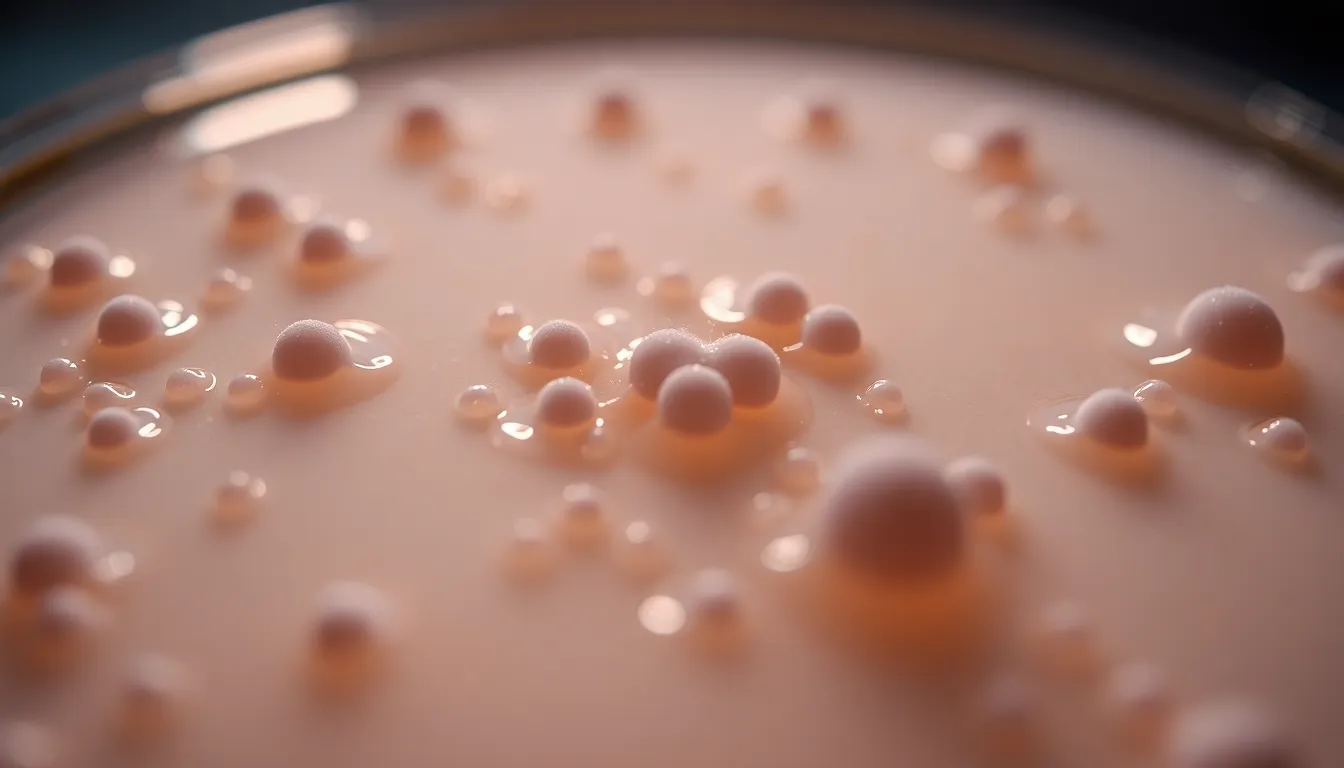 This stunning close-up image captures the intricate patterns of bacterial colonies growing on an agar plate. Bright LED lighting accentuates the sharp reflections on the gelatin surface, creating a dramatic visual effect. The shallow depth of field beautifully isolates the colonies, with their unique textures set against a softly blurred background. The muted earth tones enhance the organic feel, while the dynamic composition draws the viewer's eye into the complex world of microbiology.