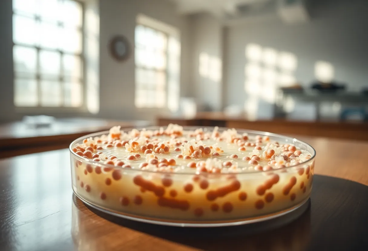 Bacterial Culture on Agar Plate This close-up image presents a vibrant bacterial culture on an agar plate, brilliantly illuminated by soft, diffused daylight. The detailed texture of the bacterial growth is striking, showcased through a hyperfocal distance that keeps all elements in sharp focus. Natural muted earth tones enhance the organic feel of the scene, while leading lines guide the viewer's gaze toward the intricate center of the culture. This composition invites exploration of microbial life in a laboratory setting.