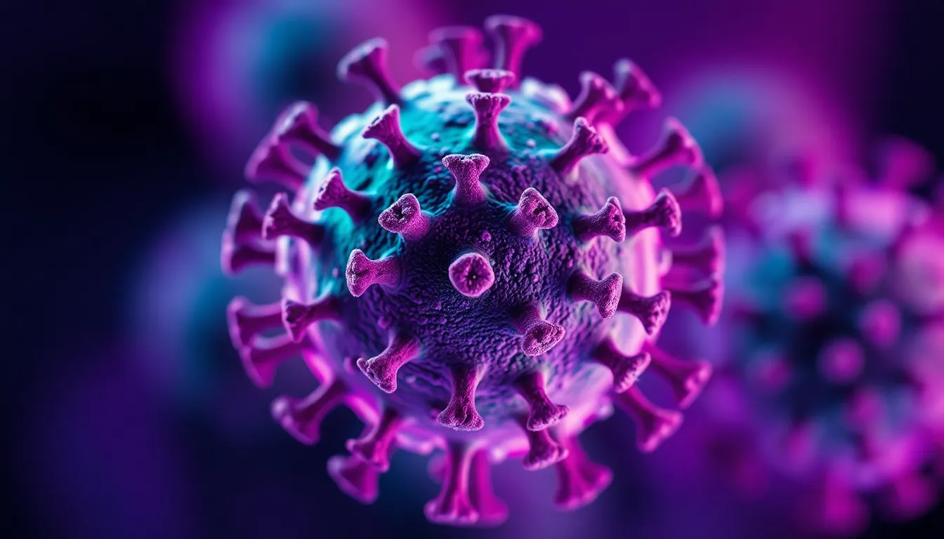 Microscopic View of Viral Structure This captivating close-up showcases a viral structure, captured with remarkable clarity and detail. The soft diffused lighting highlights the vibrant purples and greens of the virus, creating an almost ethereal atmosphere. With a shallow depth of field, the focus is directed towards the intricate textures of the viral particles, while the smooth background offers a pleasing contrast. The centered composition draws the viewer in, inviting exploration of the complexities of virology.