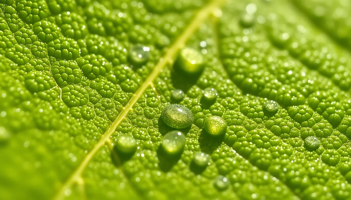 This captivating image presents a close-up view of a leaf's surface, highlighting the intricate details of trichomes and stomata. The natural light illuminates the lush greens and enhances the textures, creating a vivid representation of plant biology. Each droplet of water adds a dynamic element, making the image feel alive and vibrant. The thoughtful composition emphasizes the beauty of nature at a microscopic level, ideal for educational and scientific applications.