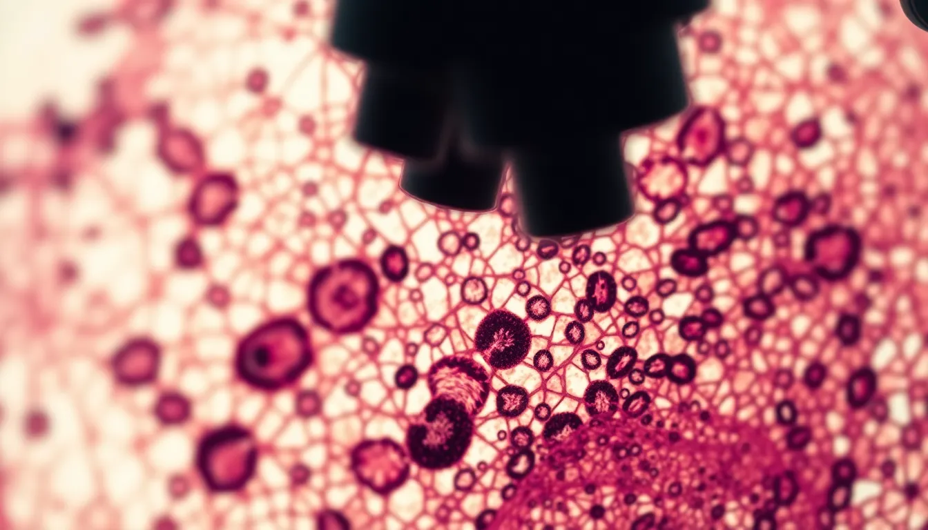 This exquisite image showcases a stained tissue sample viewed under a microscope, revealing intricate details and textures. The soft daylight lighting enhances the rich colors and provides a natural ambiance. The use of hyperfocal depth of field draws the viewer into a sharp and expansive view of the sample, while the warm color palette imbues the scene with a feeling of warmth and biological intricacy. The symmetrical composition invites exploration of the microscopic details, highlighting the beauty of biological research.