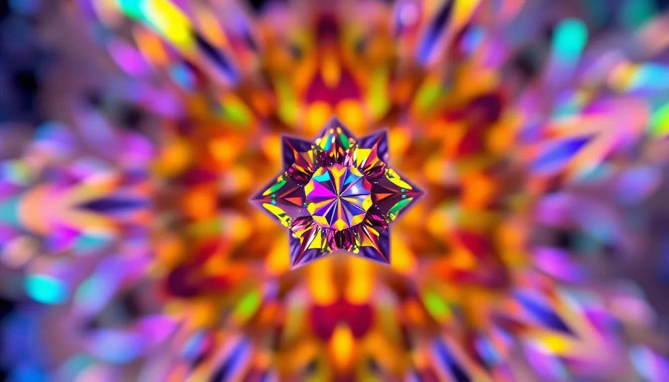 This image reveals a stunning view of a crystal structure illuminated by polarized light microscopy. The vibrant colors and geometric patterns create an eye-catching display, showcasing the beauty of crystalline formations. The selective focus on the central formation highlights intricate details, while a soft bokeh enhances the visual appeal. Ideal for scientific publications or educational materials, this image captures the extraordinary world of crystallography.