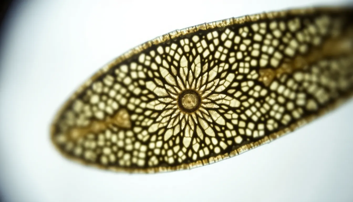 This stunning image features a detailed view of a diatom, revealing the exquisite intricacies of its silica structure. Natural light gently illuminates the specimen, emphasizing its delicate patterns and textures. The sharp focus allows for a clear view of the crystalline facets, while the softly blurred background adds depth to the composition. Perfect for educational use or scientific publications, this image showcases the beauty of microscopic life.